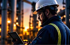 Técnico a inspeccionar equipamento industrial